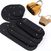 Black oval PU leather bag base with pre-punched holes for crochet and knitting, shown next to a woven bag.