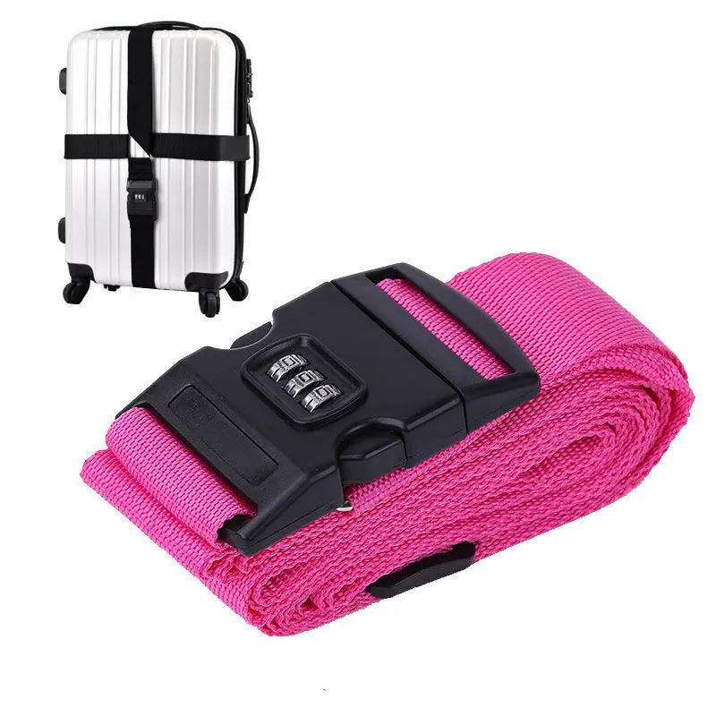 A pink adjustable luggage cross strap with a black combination lock is shown next to a white and black storage case.