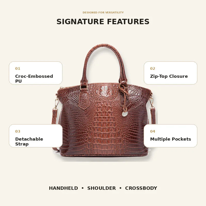 Braunes Krokodilmuster-Top-Handtasche mit Reißverschluss und abnehmbarem Trageriem.