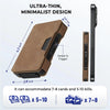 Portefeuille marron fin et étui pour téléphone noir avec détails de dimensions et de capacité.