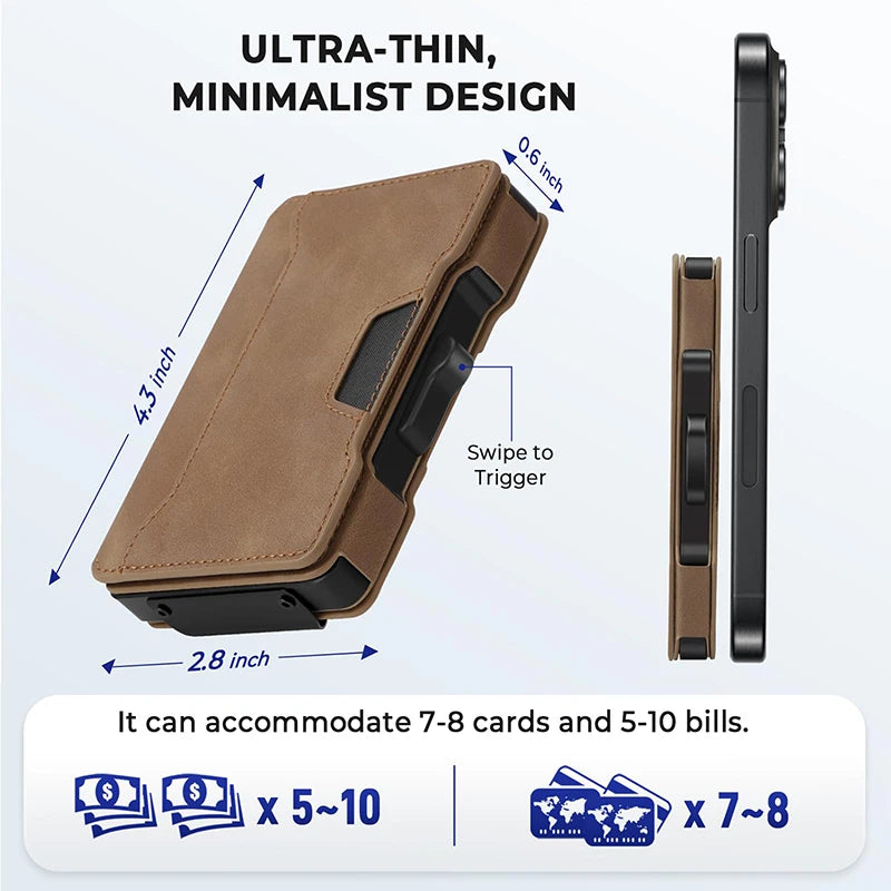 Portefeuille marron fin et étui pour téléphone noir avec détails de dimensions et de capacité.