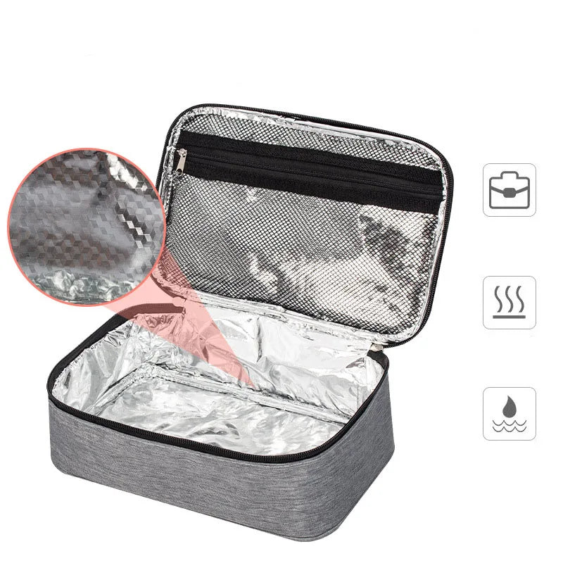 A silver and black insulated mini lunch bag with a clear window showing food storage compartments.