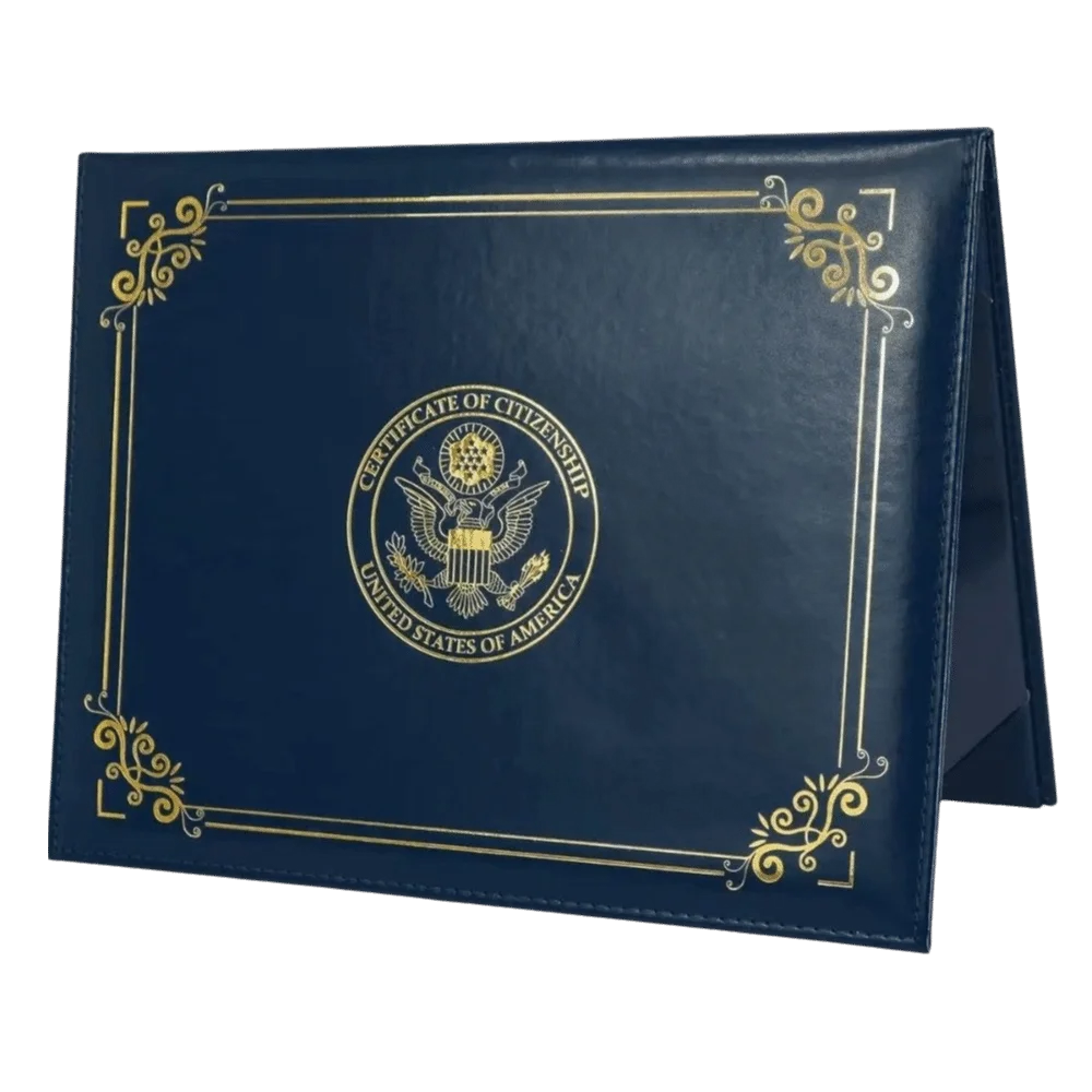 A dark blue leather certificate holder with gold embossing and a seal of the United States of America.