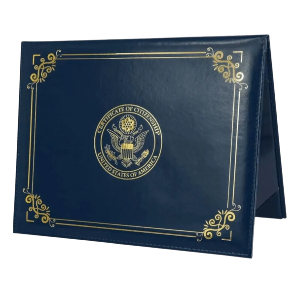 A dark blue leather certificate holder with gold embossing and a seal of the United States of America.
