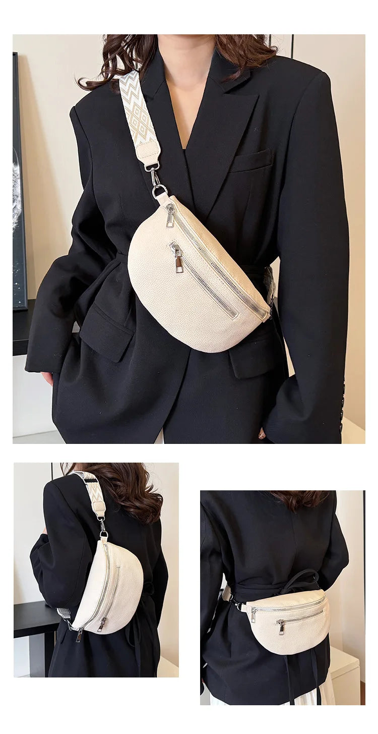A woman wearing a black blazer holds a cream-colored PU leather multi-pocket crossbody bag with a silver chain.