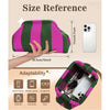 A striped knit clutch bag in pink and green is shown with a smartphone and accessories inside, demonstrating its adaptability