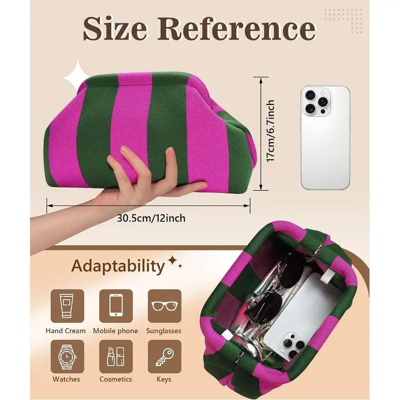 A striped knit clutch bag in pink and green is shown with a smartphone and accessories inside, demonstrating its adaptability