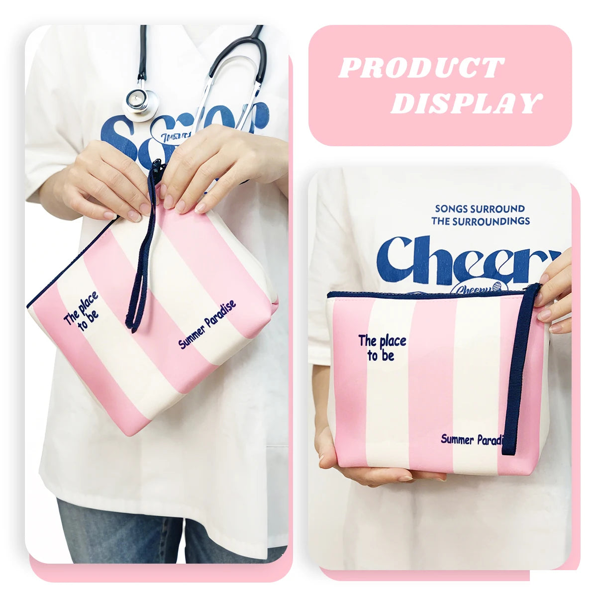 Bolsa de cosméticos de neopreno impermeable a rayas rosas y blancas, sostenida por una persona.