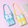 A light blue and yellow crossbody sling water bottle bag with a strap and two bottles.
