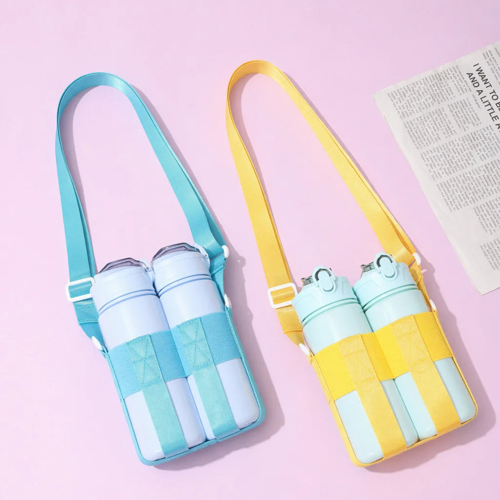 A light blue and yellow crossbody sling water bottle bag with a strap and two bottles.