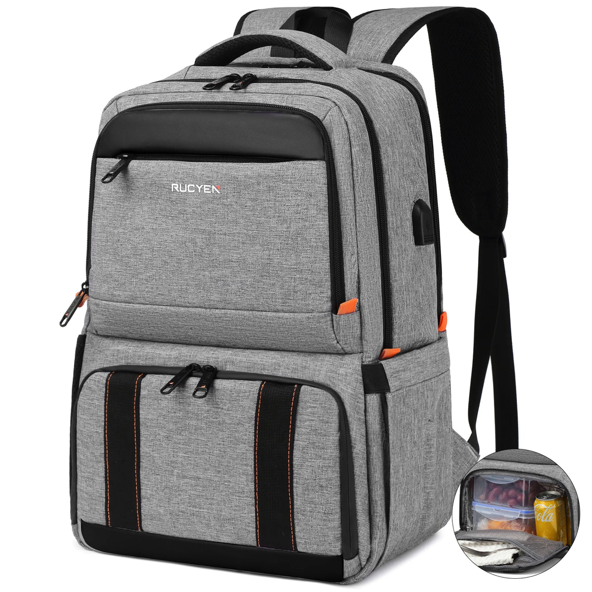 A gray insulated lunch and picnic backpack with black accents and a black strap.