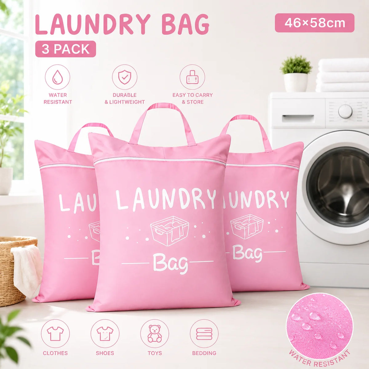 Three pink laundry bags are displayed next to a washing machine, showing various uses like clothes, shoes, toys, and bedding.