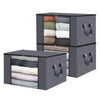 A set of three gray fabric storage bins with elastic straps for under bed organization.