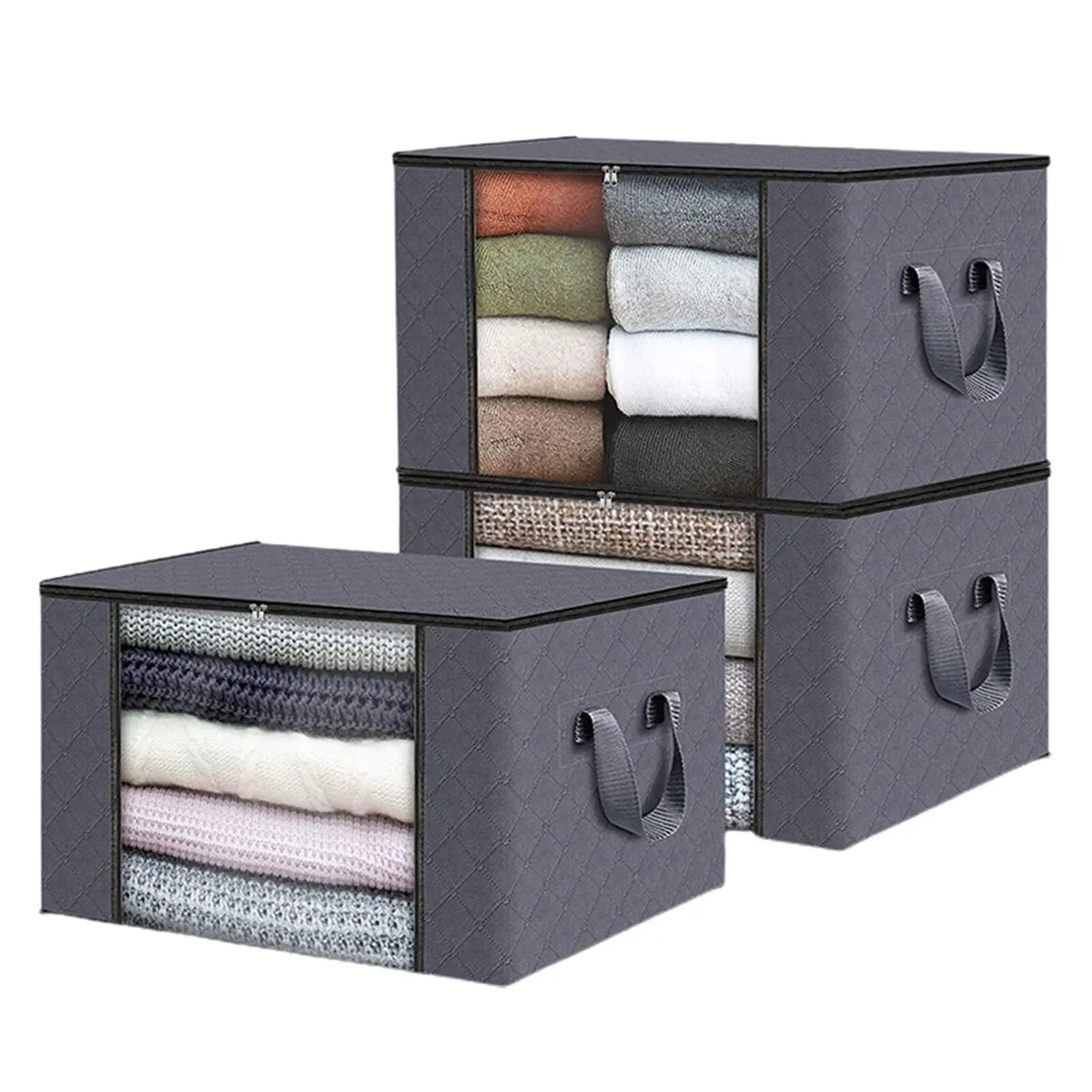 A set of three gray fabric storage bins with elastic straps for under bed organization.
