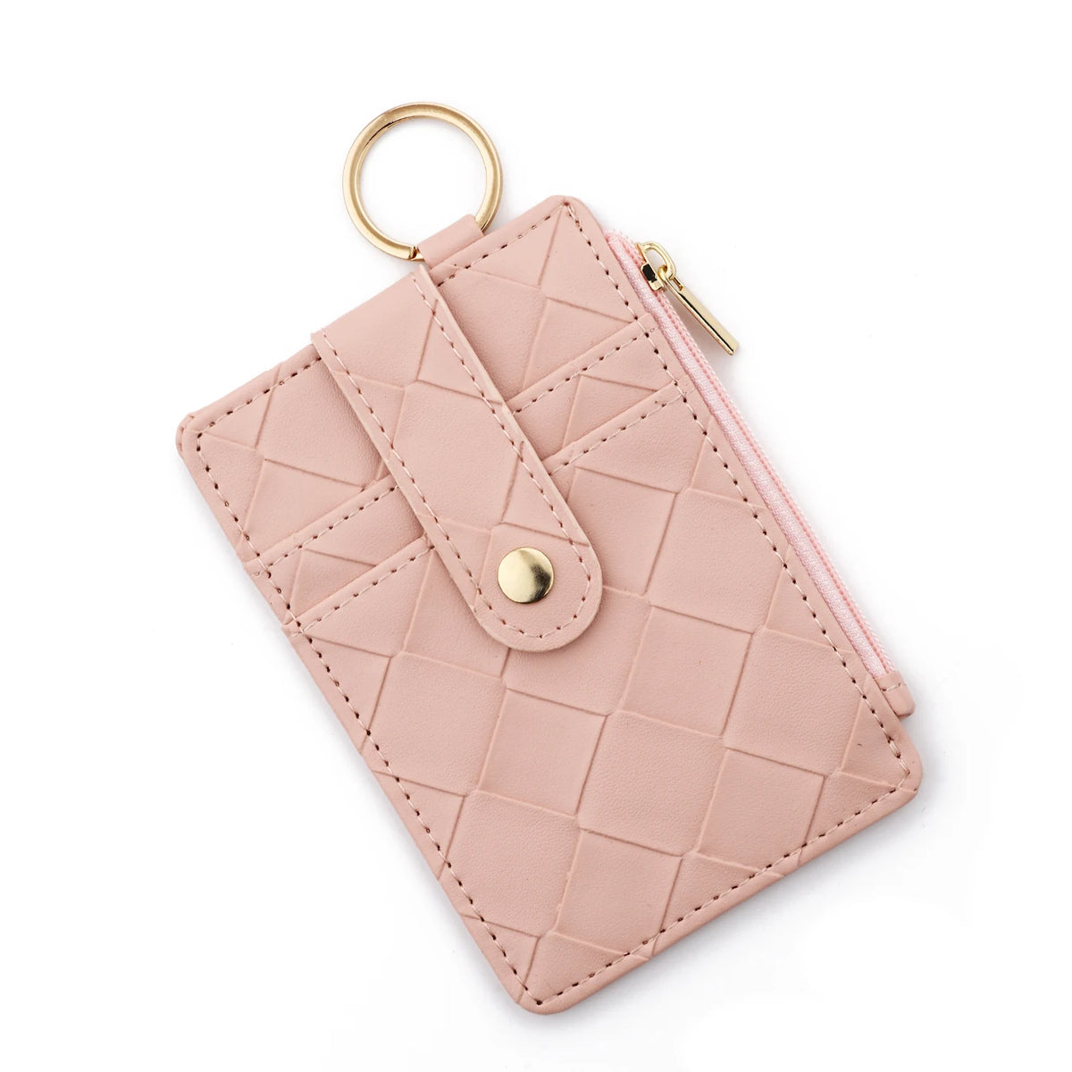 A light pink quilted PU leather card holder wallet with a gold-tone wristlet bangle and tassel.