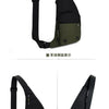 A black and olive green crossbody sling bag shown from the front and side angles.