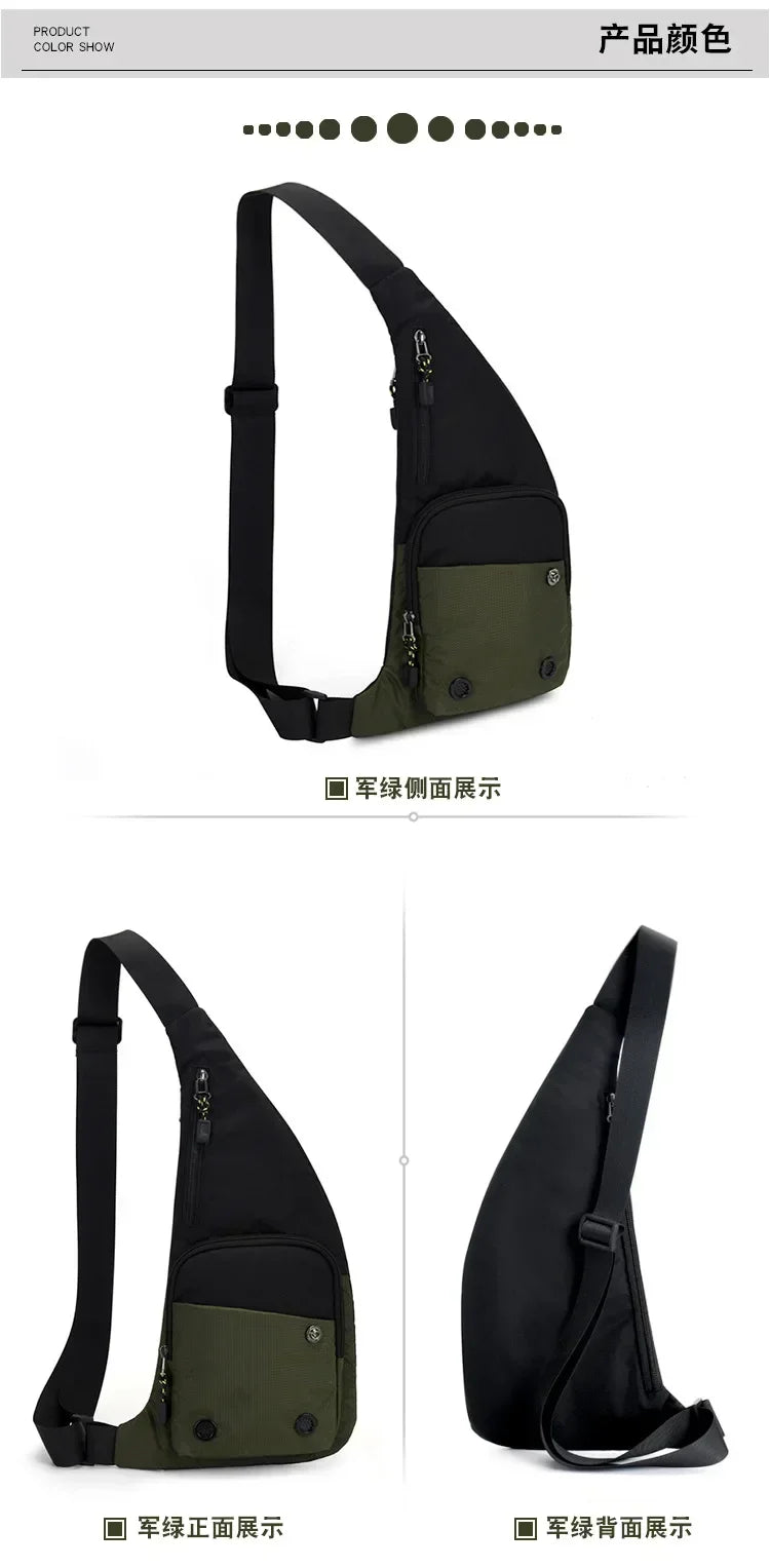 A black and olive green crossbody sling bag shown from the front and side angles.