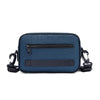 A navy blue men's PU leather crossbody bag with a zippered front and adjustable strap.