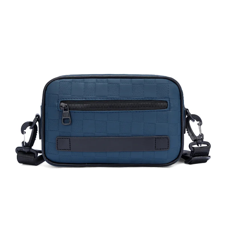 A navy blue men's PU leather crossbody bag with a zippered front and adjustable strap.