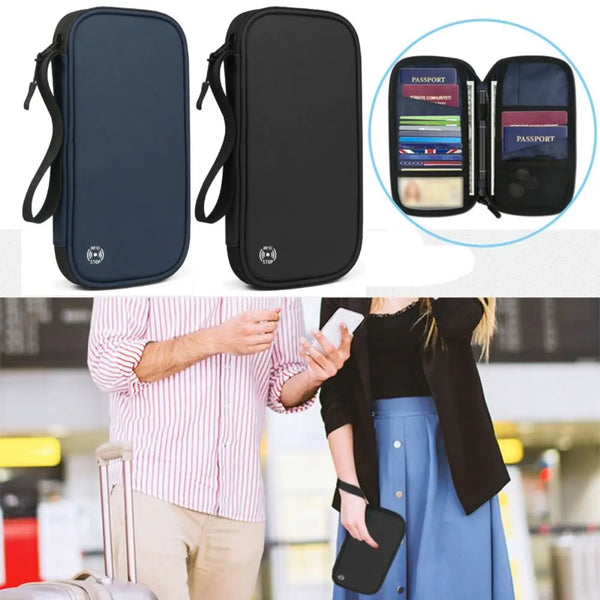 A dark blue waterproof RFID blocking passport holder is shown in various forms and being used by a person.