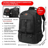 Black durable travel backpack with features like a front pocket, scalable design, and USB charging port.