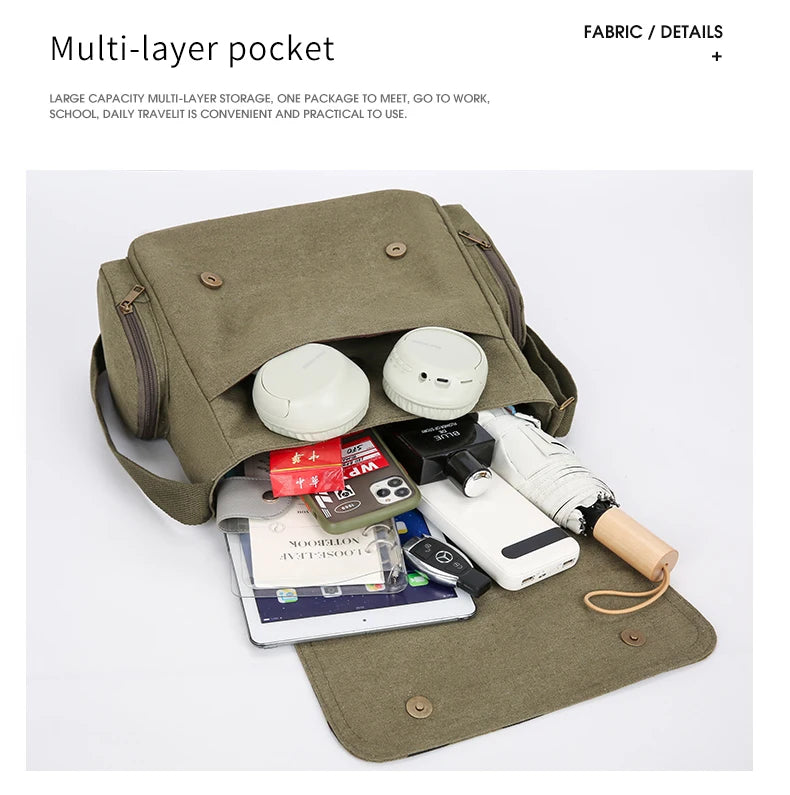 A olive green multi-layer pocket bag is open, showing various small items like electronics and documents inside.