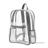 A clear transparent PVC daypack with a mesh pocket and gray straps.