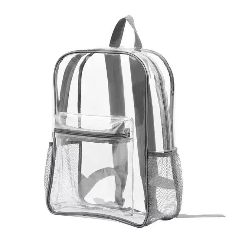 A clear transparent PVC daypack with a mesh pocket and gray straps.
