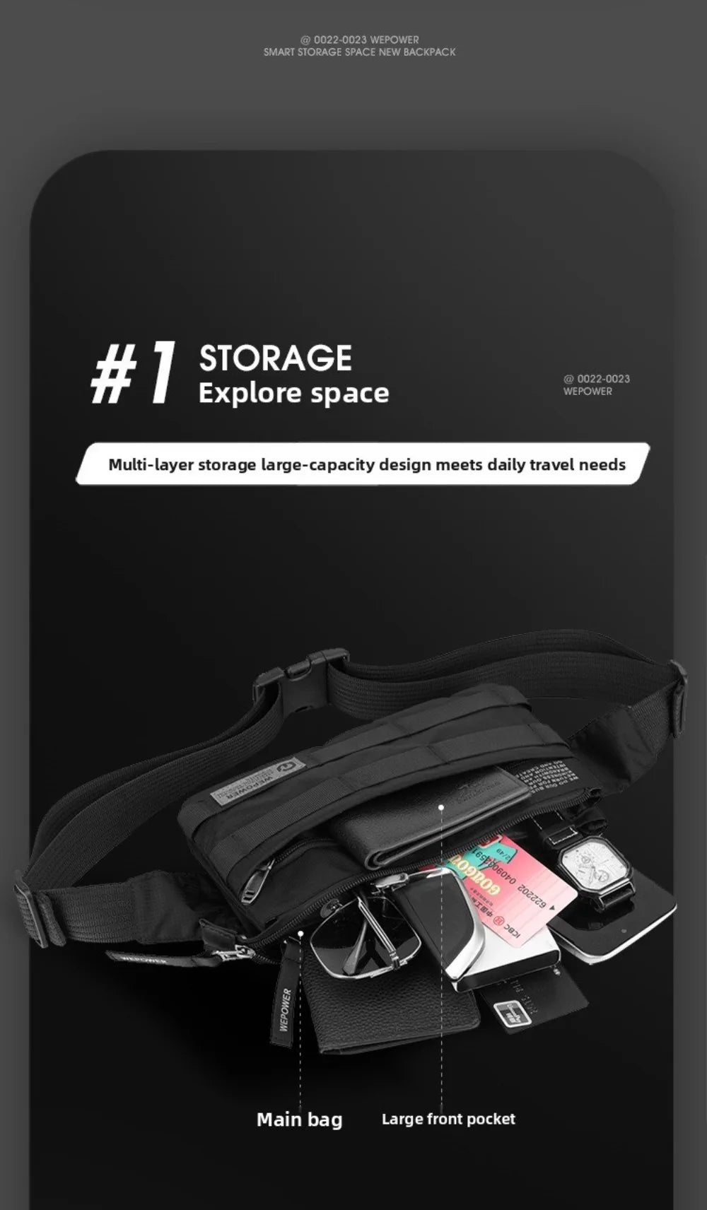 A black multifunctional chest bag shown with its main bag and large front pocket components.