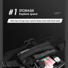 A black versatile fashion chest bag shown with its main bag and large front pocket components.