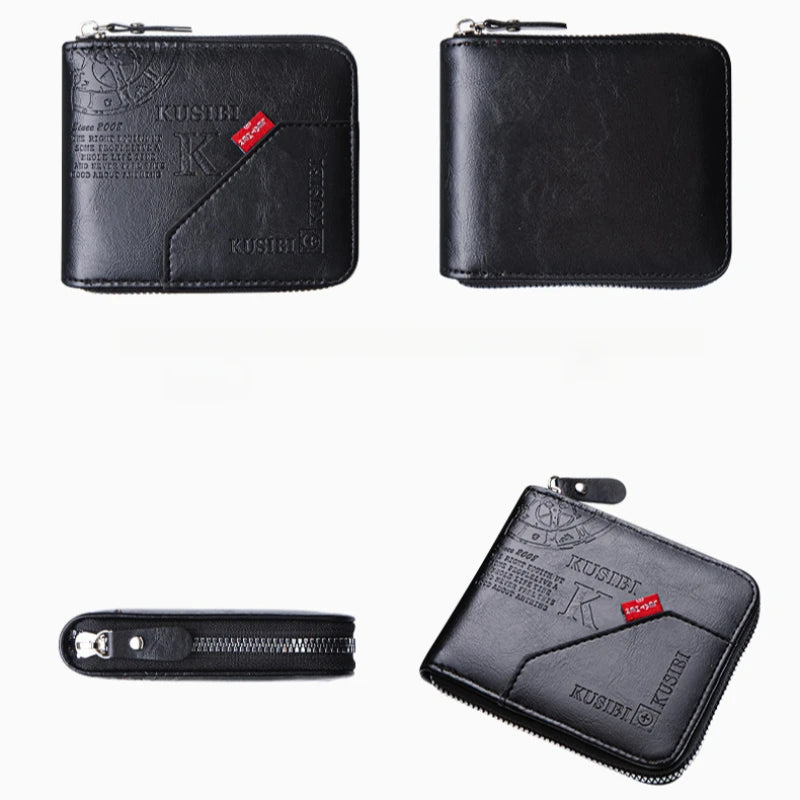 Black PU leather zipper wallet with a leather cover and embossed initials