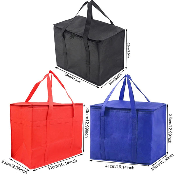 Three insulated cooler bags in black, red, and blue showing different sizes and carrying straps.