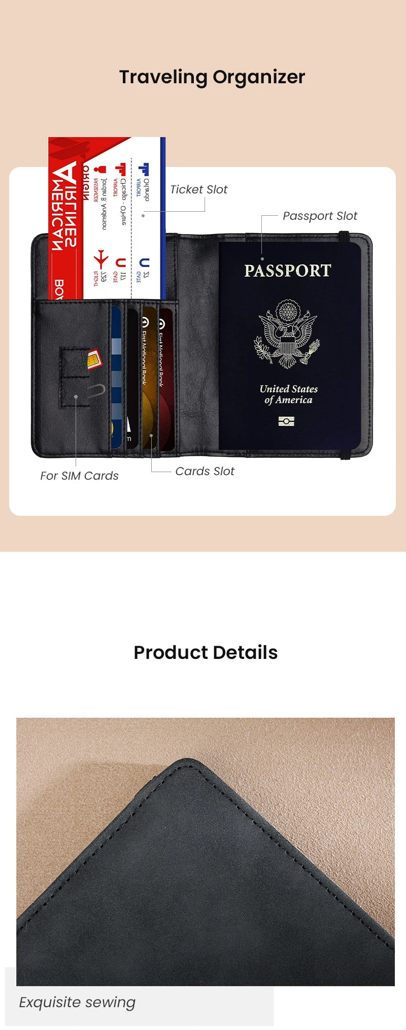 A black passport and card wallet organizer featuring a passport slot, cards slot, and RFID blocking protection.