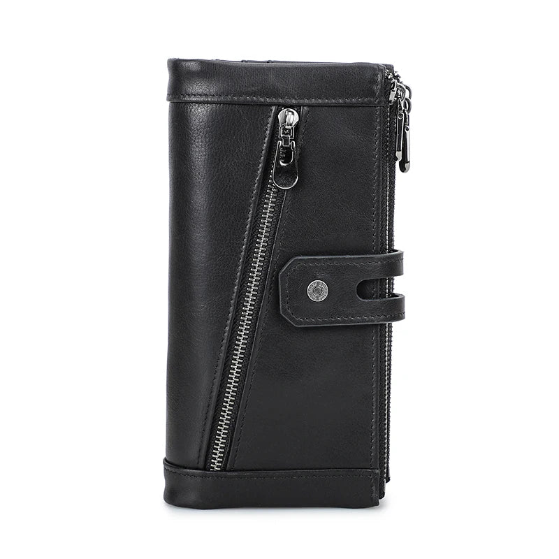 A black genuine leather vintage clutch wallet with a zipper closure and flap.