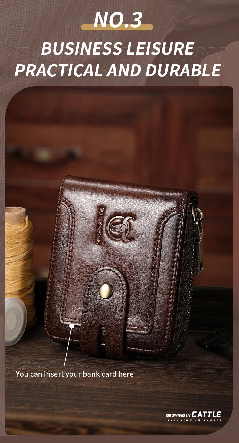 A brown genuine leather business leisure wallet is shown with a slot for inserting a bank card.