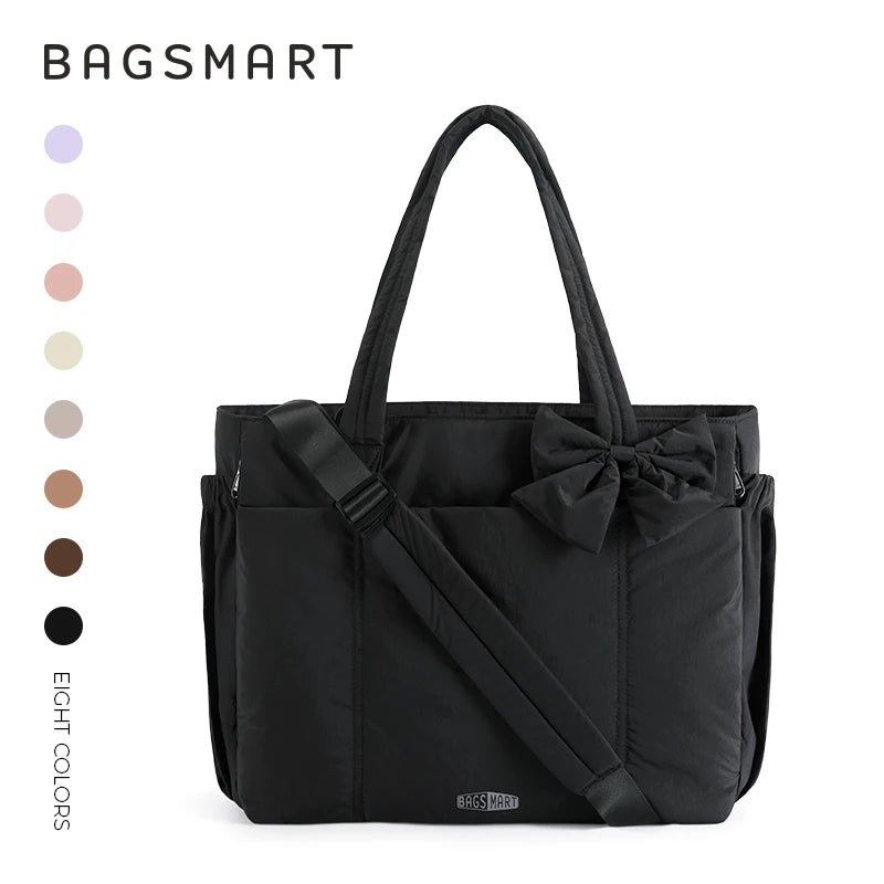 Black Bagsmart tote bag with a bow detail and diagonal strap shown against a white background.