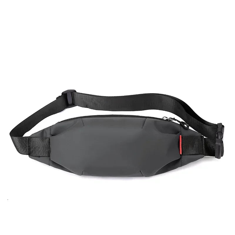 Black water-resistant nylon waist bag with an adjustable strap.