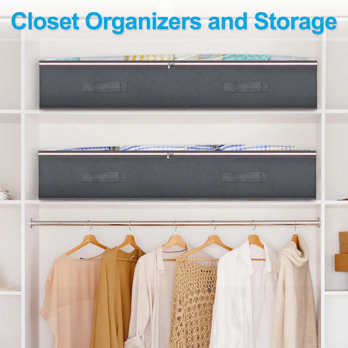 Three dark gray fabric storage bins and hangers displayed on white shelving.