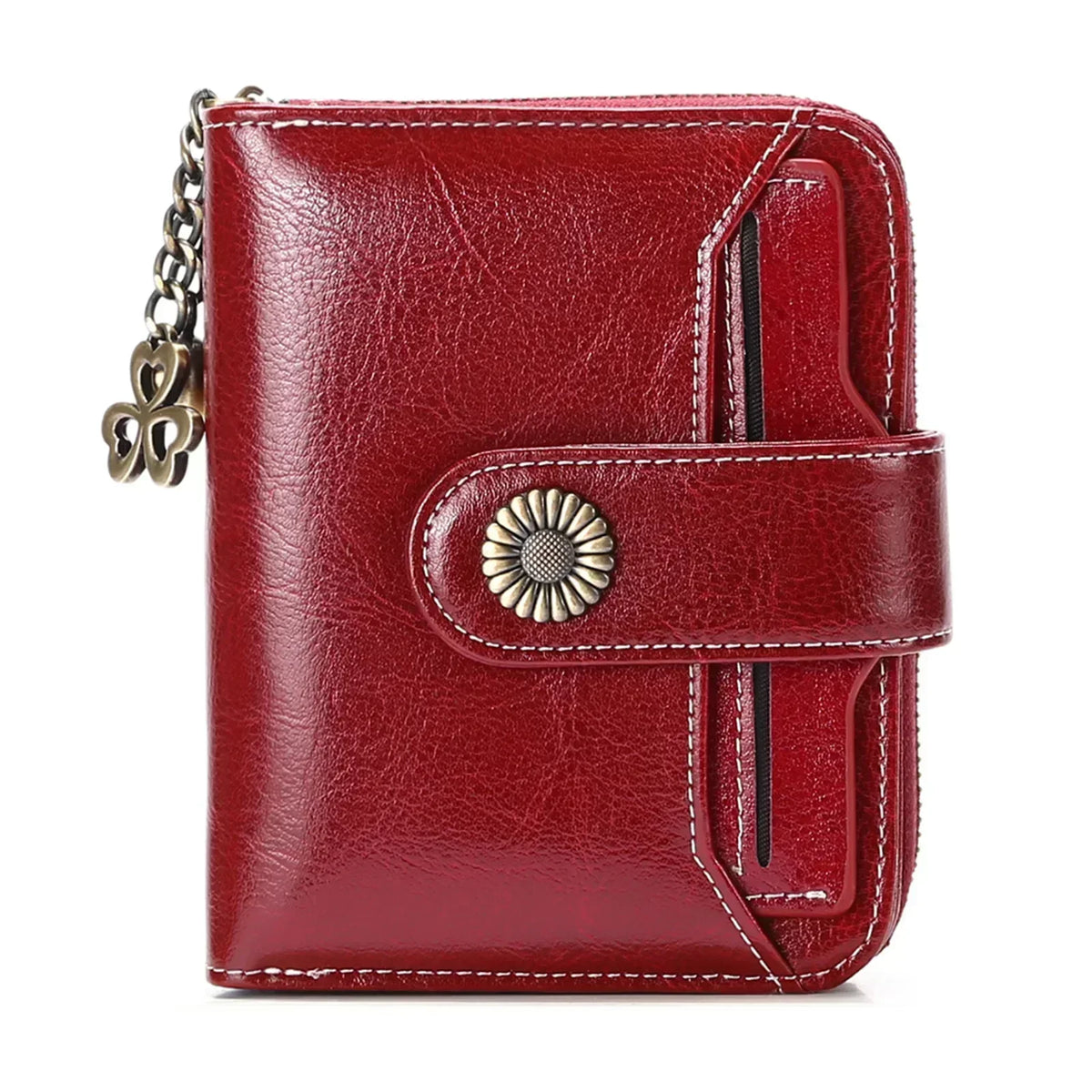 A deep red leather wallet with a brass clasp and card slots shown from the front.