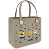 Sac de plage en caoutchouc EVA imperméable beige avec anses et éléments décoratifs.