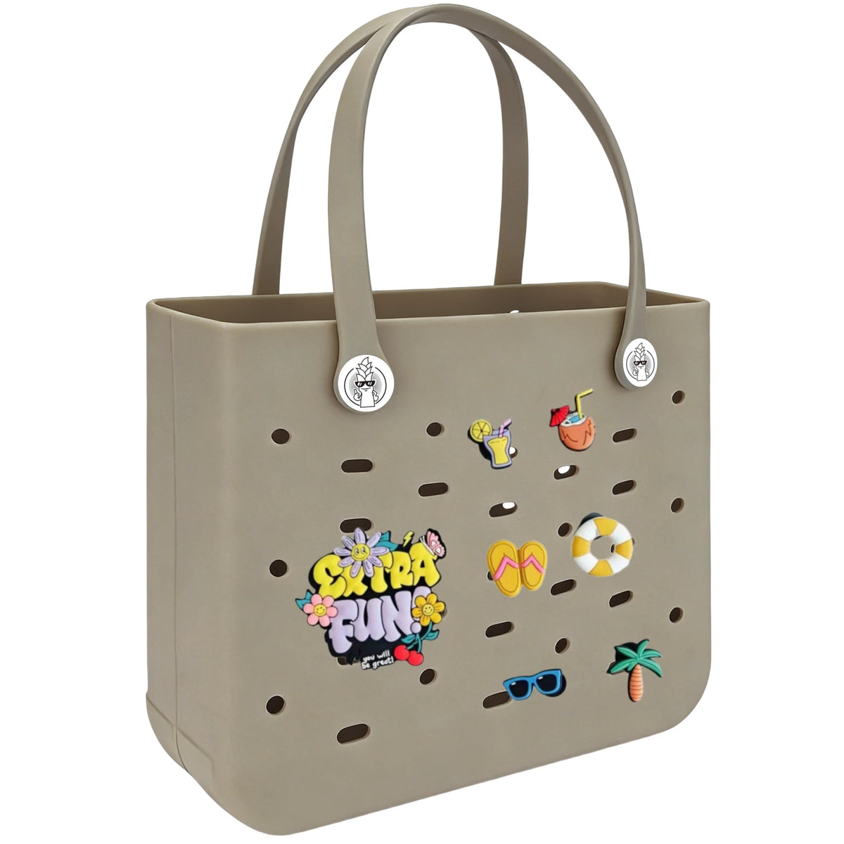 Sac de plage en caoutchouc EVA imperméable beige avec anses et éléments décoratifs.
