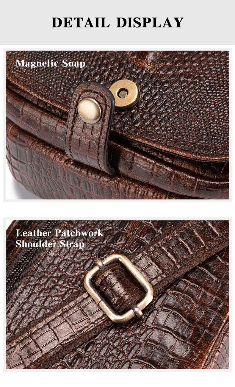 Detail display showing a magnetic snap closure and a leather patchwork shoulder strap on a brown leather bag.
