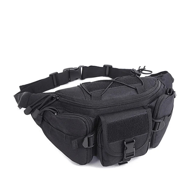 Black tactical waist pack or belt bag made of durable nylon for outdoor use