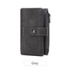A dark grey women's RFID blocking clutch wallet shown in a vertical view.