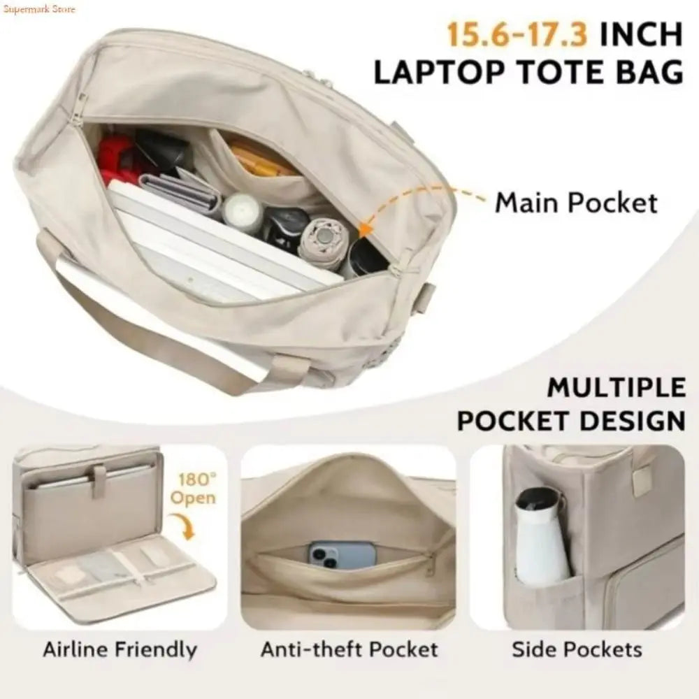 A beige laptop tote bag showing the main pocket, an airline friendly section, an anti-theft pocket, and side pockets.