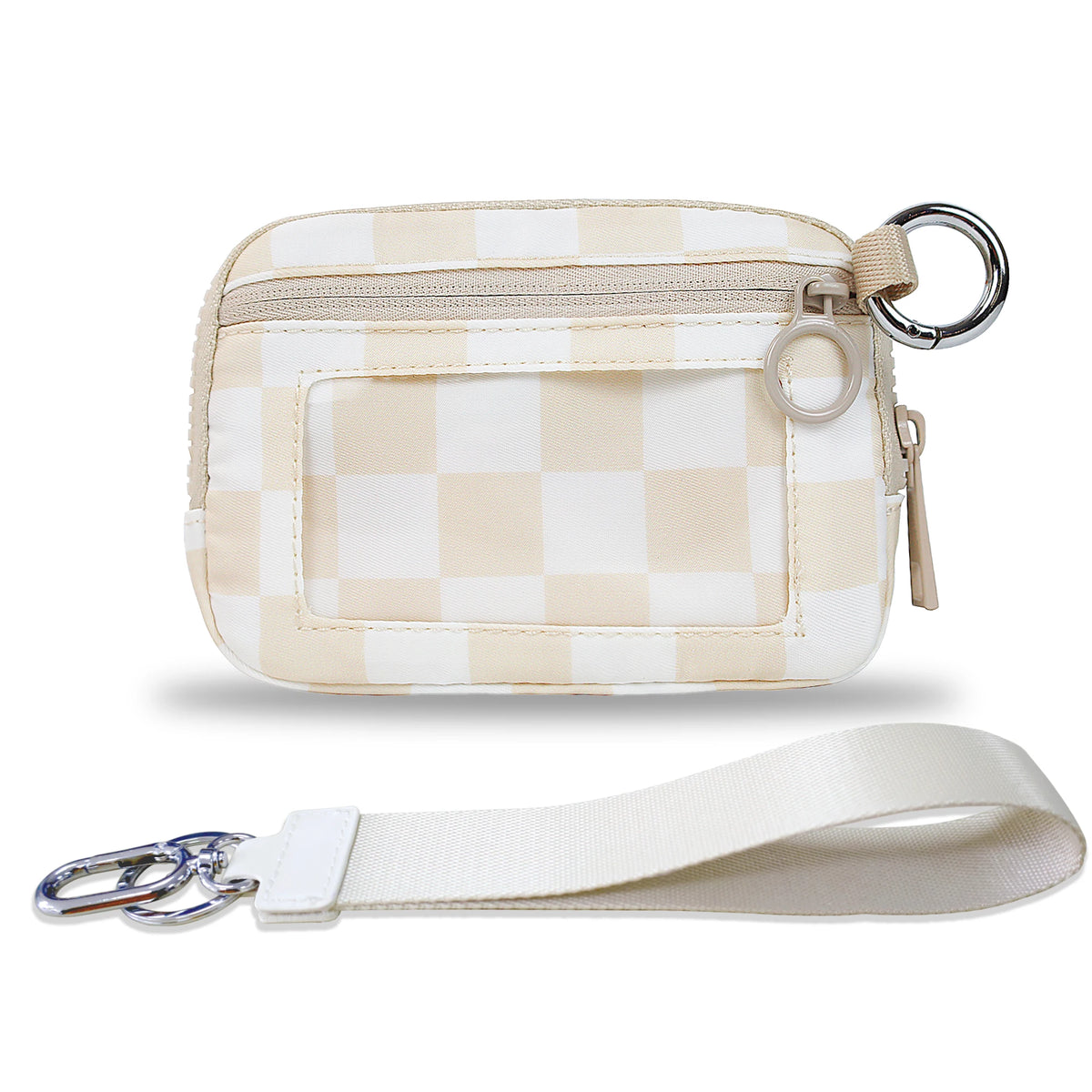 A beige checkered wallet with a clear window and a white strap is shown.