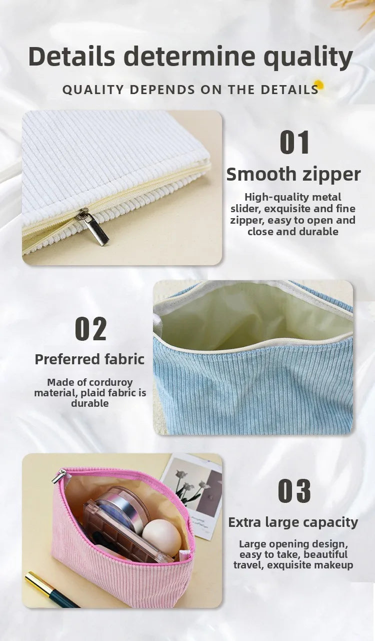 A close-up of a pink corduroy makeup organizer bag showing details like a smooth zipper and durable fabric.