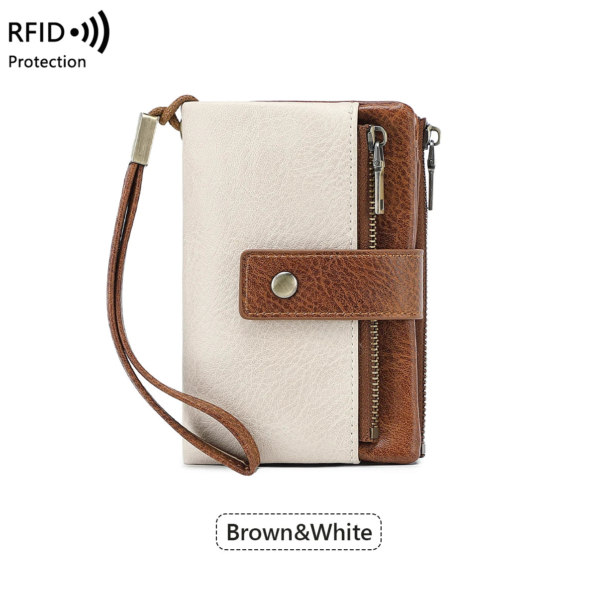 A brown and white leather wallet with a zipper closure and a leather strap is shown.