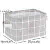 A gray checkered storage basket with a handle and measuring dimensions shown.
