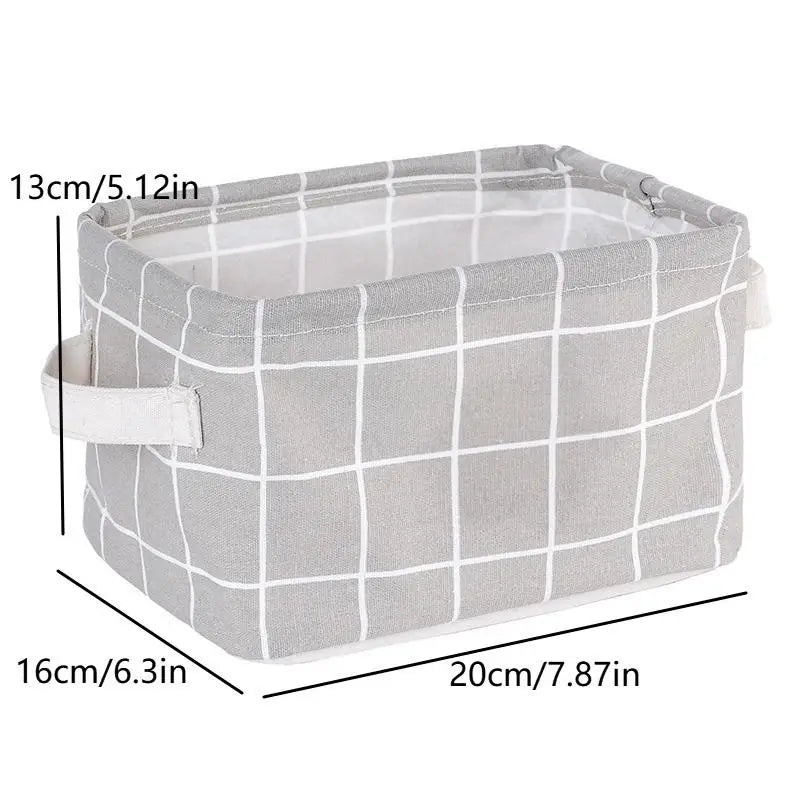 A gray checkered storage basket with a handle and measuring dimensions shown.